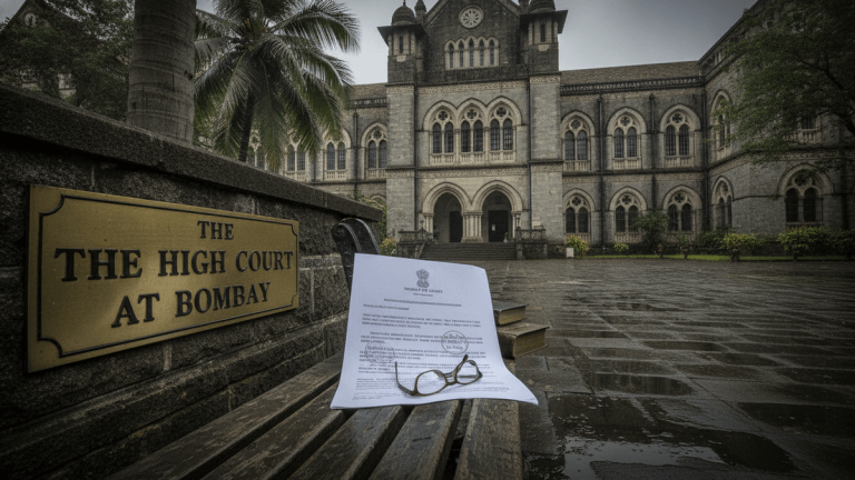A legal document and a pair of reading glasses rest on a wet wooden bench in front of the ornate Bombay High Court.