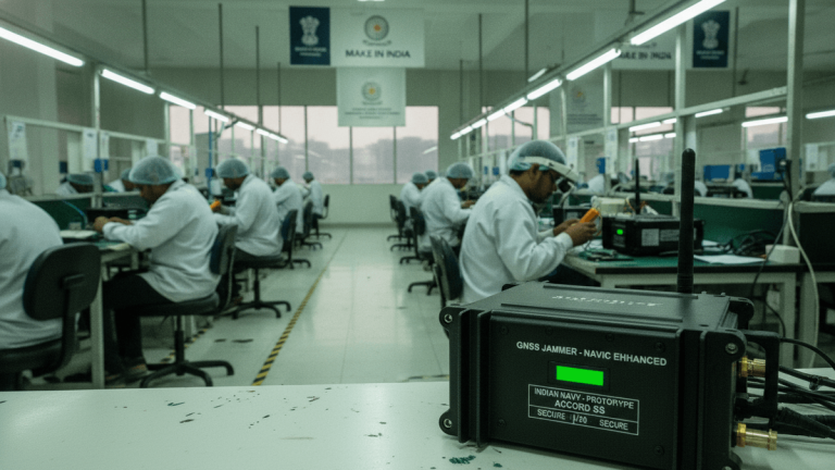 A close-up of a black GNSS jammer on a white table in the foreground, with workers in hairnets and lab coats assembling electronics at benches in the background.