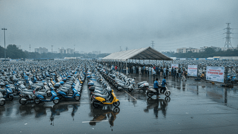 A wide outdoor shot of thousands of parked electric two-wheelers under an overcast sky on wet asphalt, with people gathered under a large white tent.