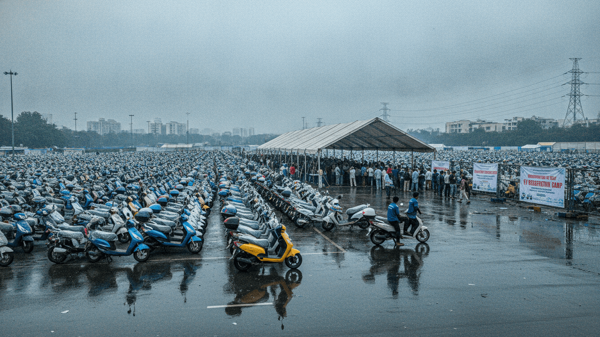 A wide outdoor shot of thousands of parked electric two-wheelers under an overcast sky on wet asphalt, with people gathered under a large white tent.