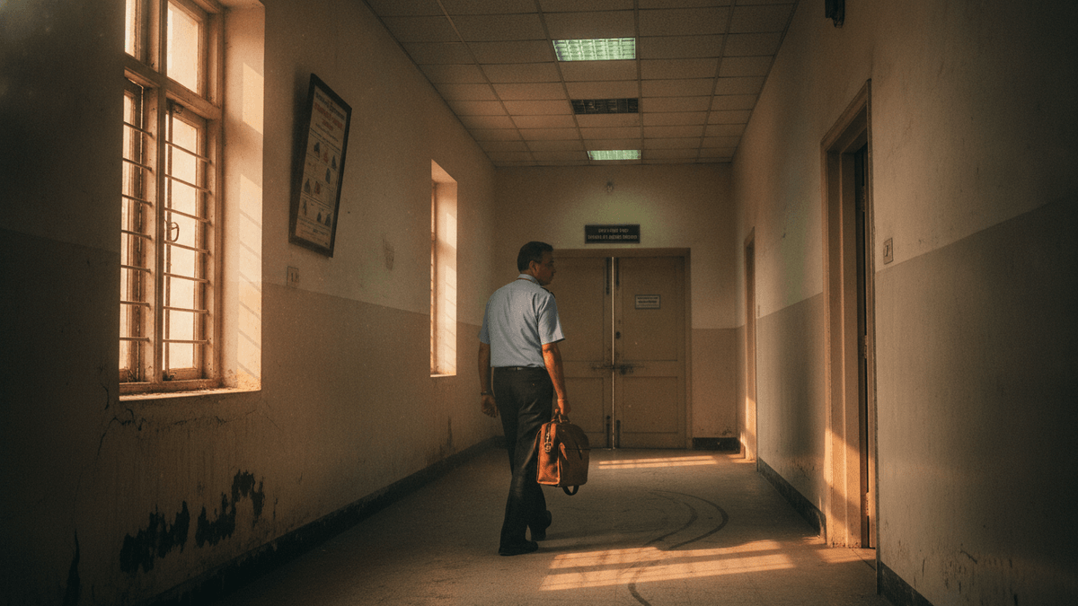 A man in a light blue shirt and dark trousers, carrying a brown leather briefcase, walks away down a long, worn hallway. Sunlight streams through a large gridded window on the left, casting strong shadows on the dusty floor. Fluorescent lights illuminate the ceiling.
