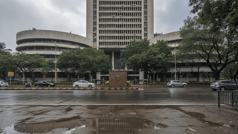 Exterior shot of the monolithic Reserve Bank of India building in Mumbai under a cloudy sky, with cars on a wet road in the foreground.