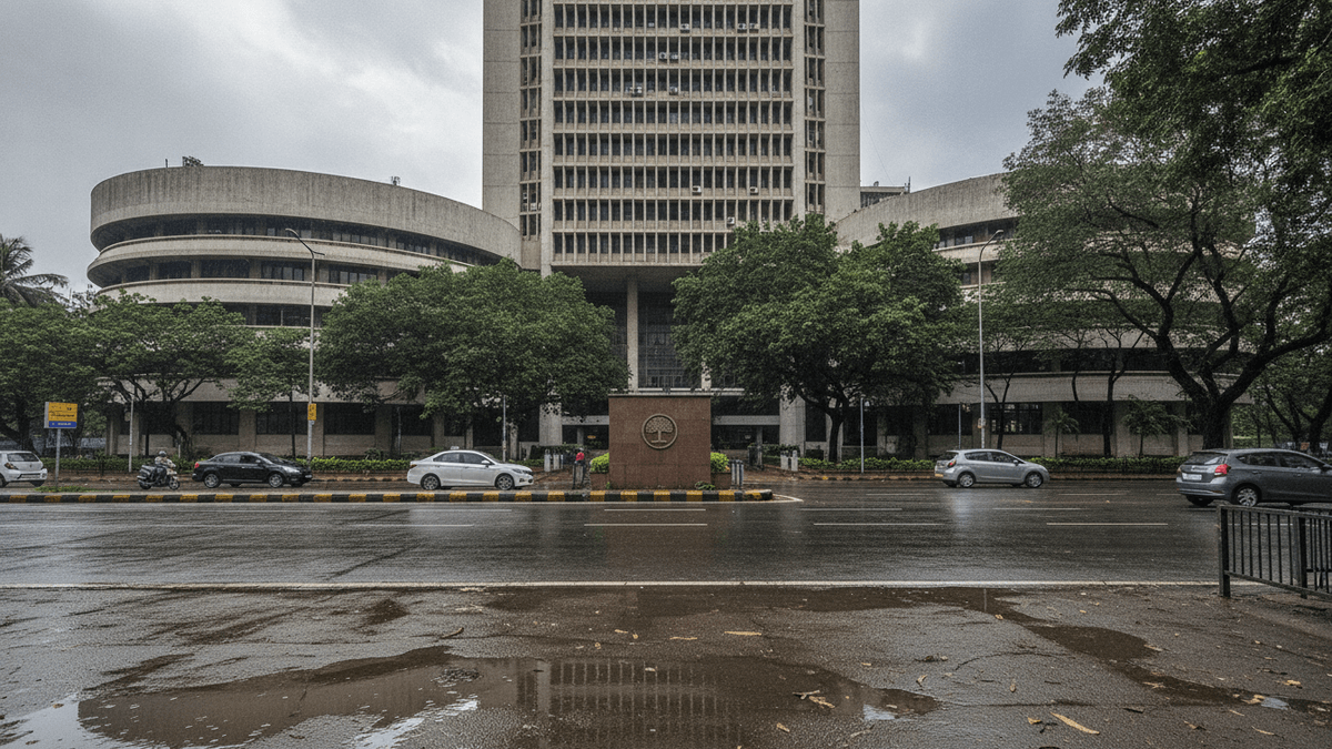Exterior shot of the monolithic Reserve Bank of India building in Mumbai under a cloudy sky, with cars on a wet road in the foreground.