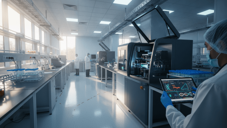 A wide shot of a modern, brightly lit genomics lab with multiple workstations, lab equipment, and two scientists in lab coats.