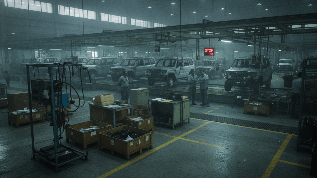 A wide shot of a dimly lit automotive assembly line with several incomplete SUVs. Workers stand in small groups, conversing.