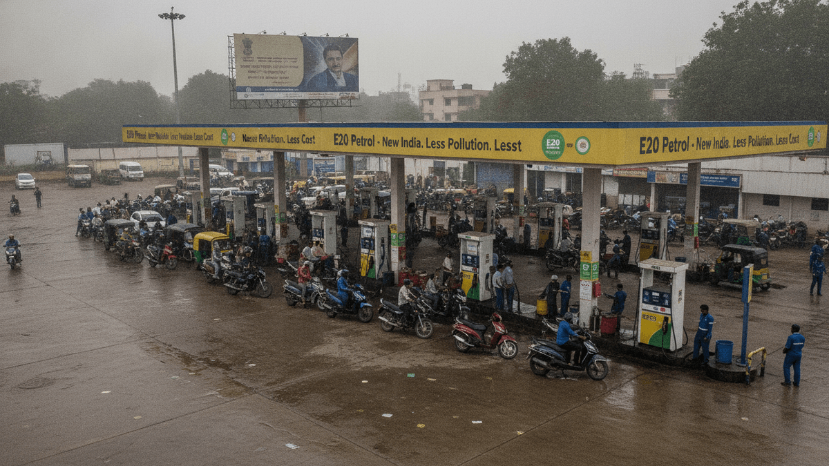 An overhead wide shot of a busy E20 petrol station under diffuse light, with dozens of motorcycles and auto-rickshaws fueling.