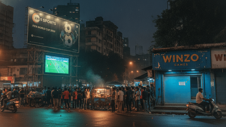 A busy street scene in Mumbai at night, featuring a large ZEE5 Sports billboard advertising the FIFA World Cup 2026 above a screen showing a football match. To the right, a blue storefront with "WINZO GAMES" painted on it is visible. People are gathered around a food stall, and a scooter passes by on the wet street.