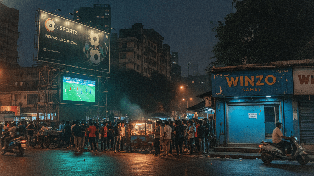 A busy street scene in Mumbai at night, featuring a large ZEE5 Sports billboard advertising the FIFA World Cup 2026 above a screen showing a football match. To the right, a blue storefront with "WINZO GAMES" painted on it is visible. People are gathered around a food stall, and a scooter passes by on the wet street.