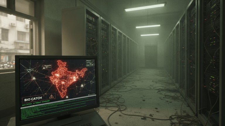 A computer monitor showing a map of India with red alert icons, text "BIO CATCH - AI THREAT ADVISORY," in a server room.