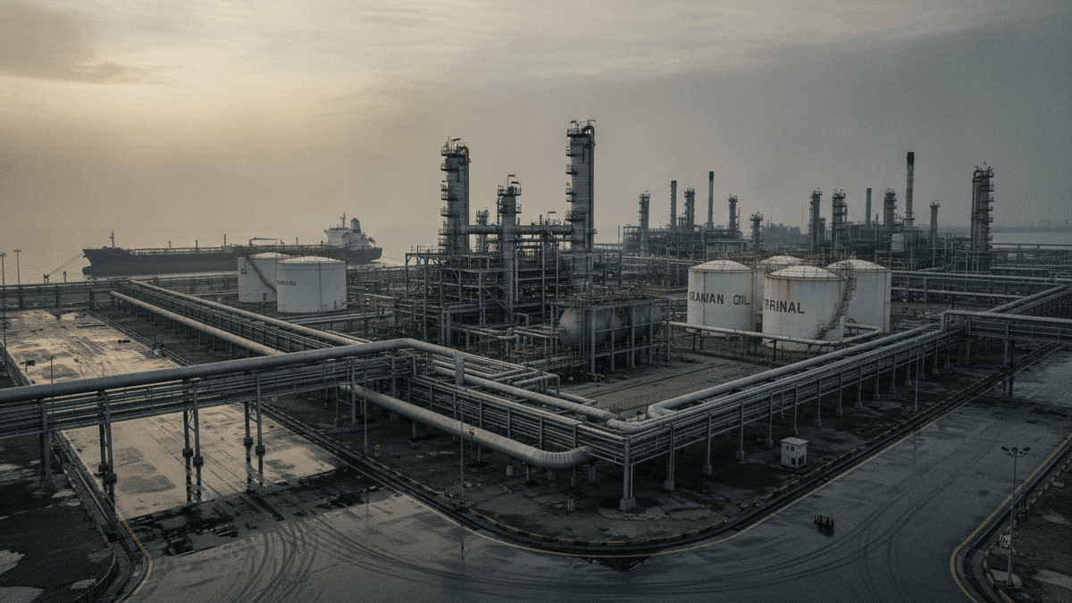 An aerial view of a sprawling oil refinery with pipelines and storage tanks, a large tanker ship docked in the hazy background.