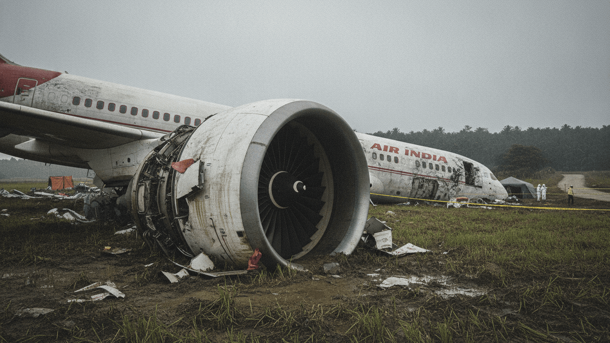 A wide-angle view of a crashed Air India Boeing 787, its fuselage and a detached engine lying in a muddy field.
