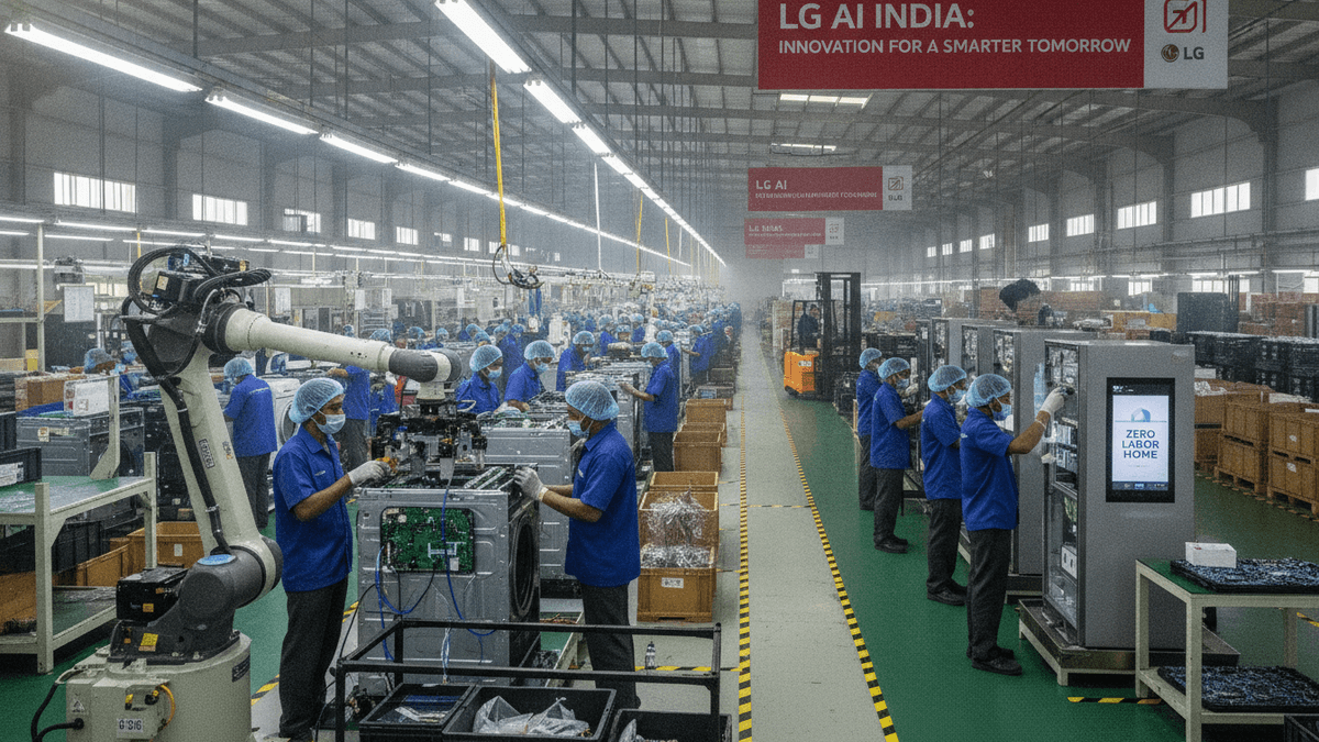 An ultra-realistic photograph shows a wide view of a well-lit, bustling LG electronics factory floor in India. Workers in blue uniforms and hairnets are actively engaged in assembling electronic components at various stations. In the foreground, a robotic arm is visible on the left, next to workers. On the right, a sleek, modern appliance display unit features the text "ZERO LABOR HOME." Banners hanging from the ceiling read "LG AI INDIA: INNOVATION FOR A SMARTER TOMORROW." The factory stretches into the distance, filled with machinery, parts, and additional workers. The atmosphere is hazy, suggesting active work.