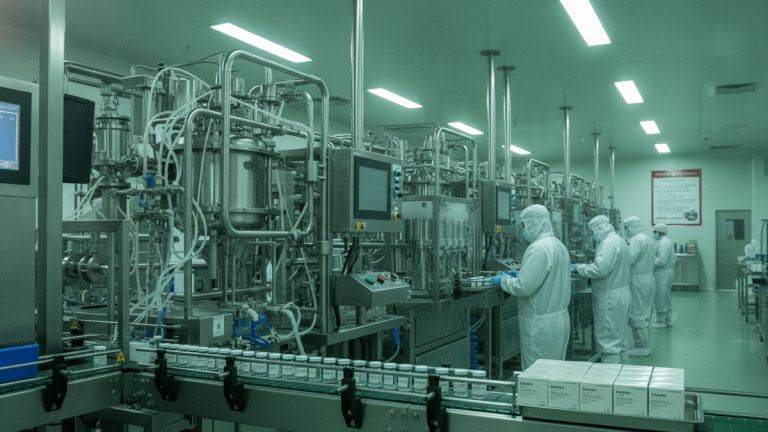 A wide shot inside a sterile pharmaceutical manufacturing facility shows workers in white clean suits overseeing automated machinery filling and packaging small medical vials.