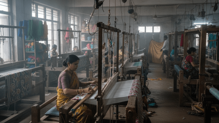 An interior shot of a textile workshop, with several women in traditional dress operating large wooden handlooms under natural light.