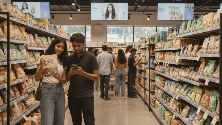 A young Indian couple stands in a grocery aisle, one looking at a packaged health food item, the other at a smartphone, surrounded by shelves of food.