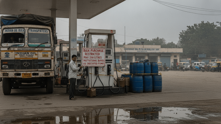 A man stands beside a fuel pump with a restriction sign, with a large truck on the left and blue barrels stacked on the right.