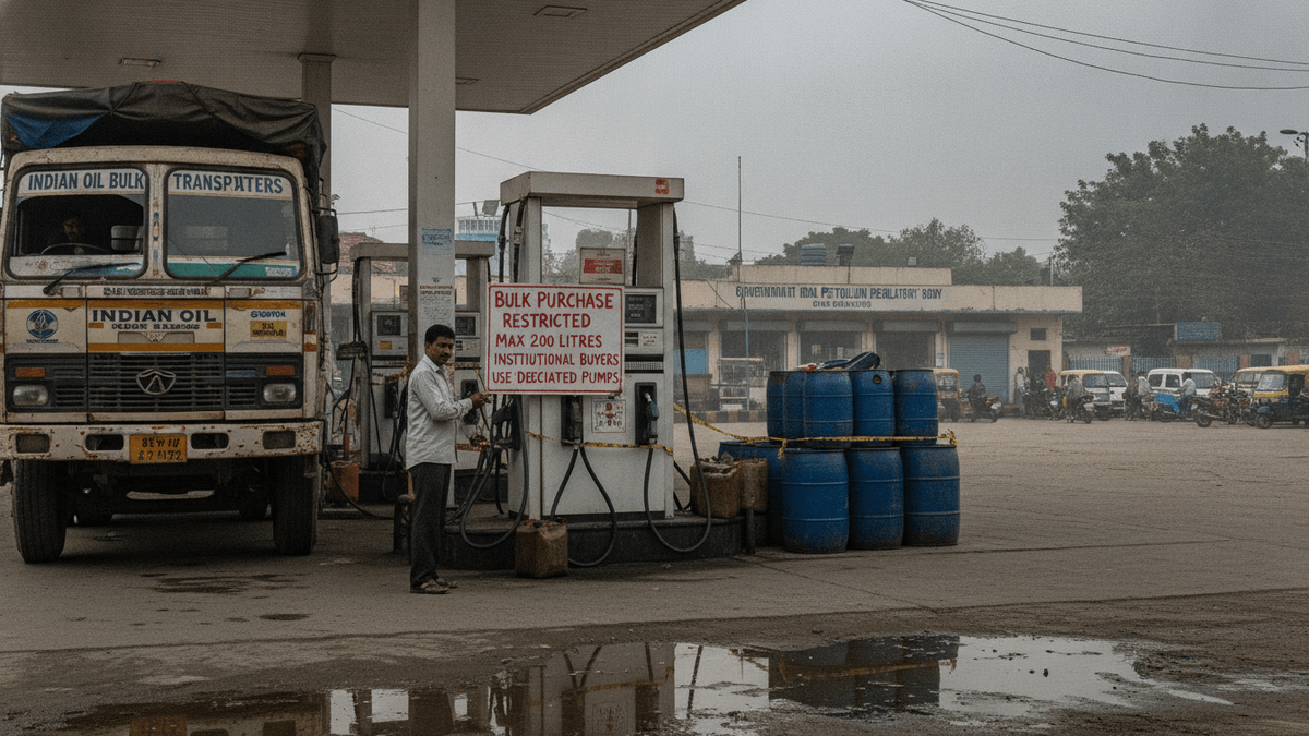 A man stands beside a fuel pump with a restriction sign, with a large truck on the left and blue barrels stacked on the right.