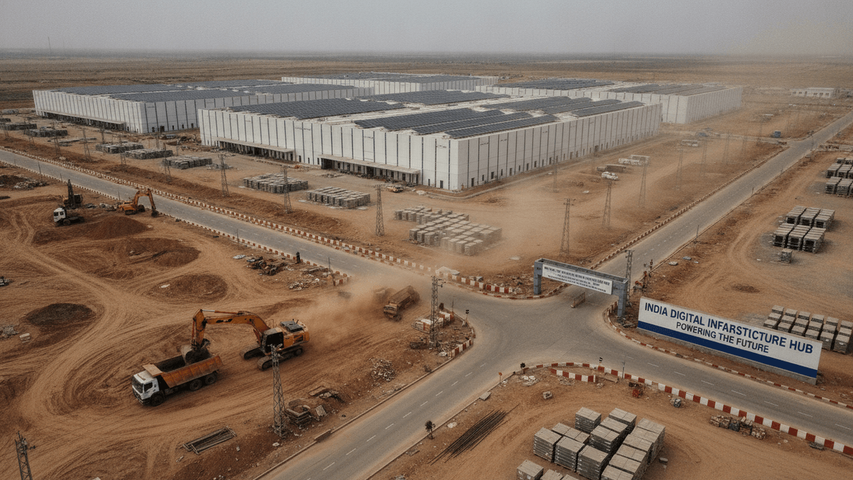 An aerial wide shot of a vast data center complex under construction in a desert. Several large, white buildings with solar panels cover the rooftops, surrounded by roads, excavation sites with construction machinery, and piles of building materials. A large sign with text 'INDIA DIGITAL INFARSTRUCTIURE HUB POWERING THE FUTURE' is visible on the right.