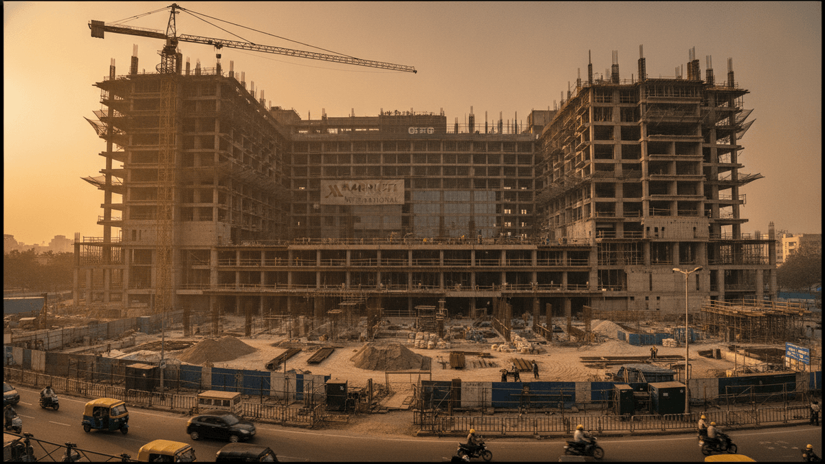 An unfinished, large concrete building with a Marriott banner at sunset, with construction cranes and street traffic below.