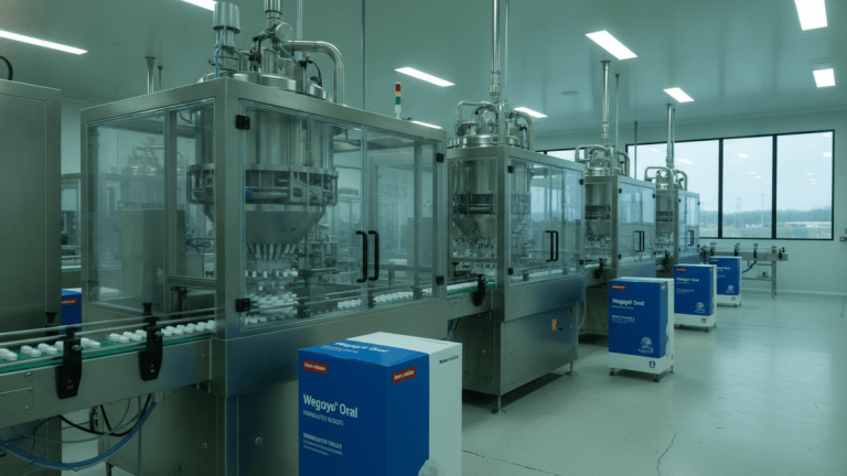 A clean, brightly lit pharmaceutical manufacturing facility shows a production line with machinery and boxes.