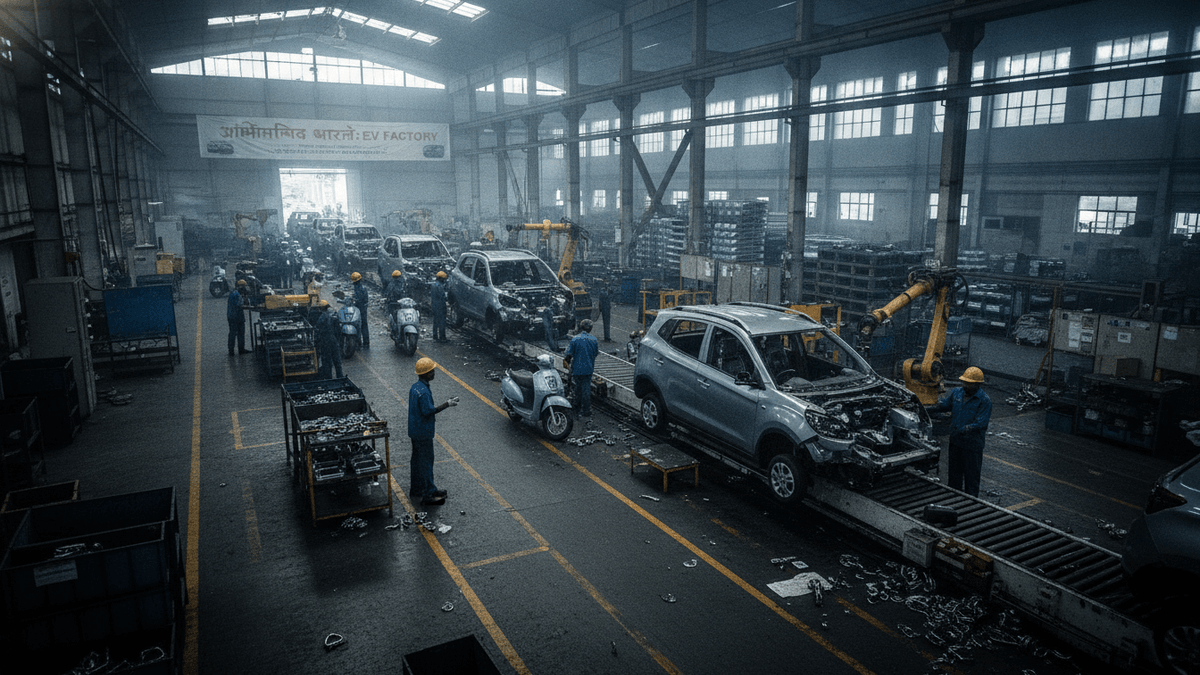 An interior shot of a bustling automotive assembly line in India, with multiple cars and scooters in various stages of production.