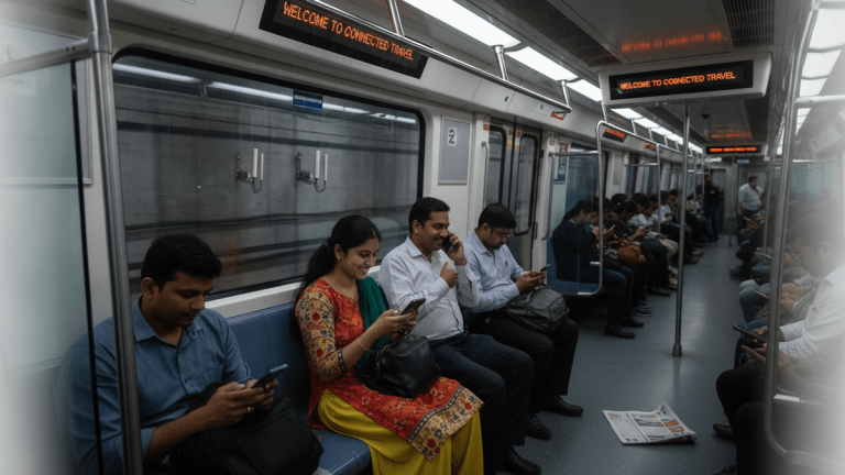 Inside a Mumbai Metro train, commuters are seated and standing, predominantly looking at their mobile phones. Digital signs display "WELCOME TO CONNECTED TRAVEL."