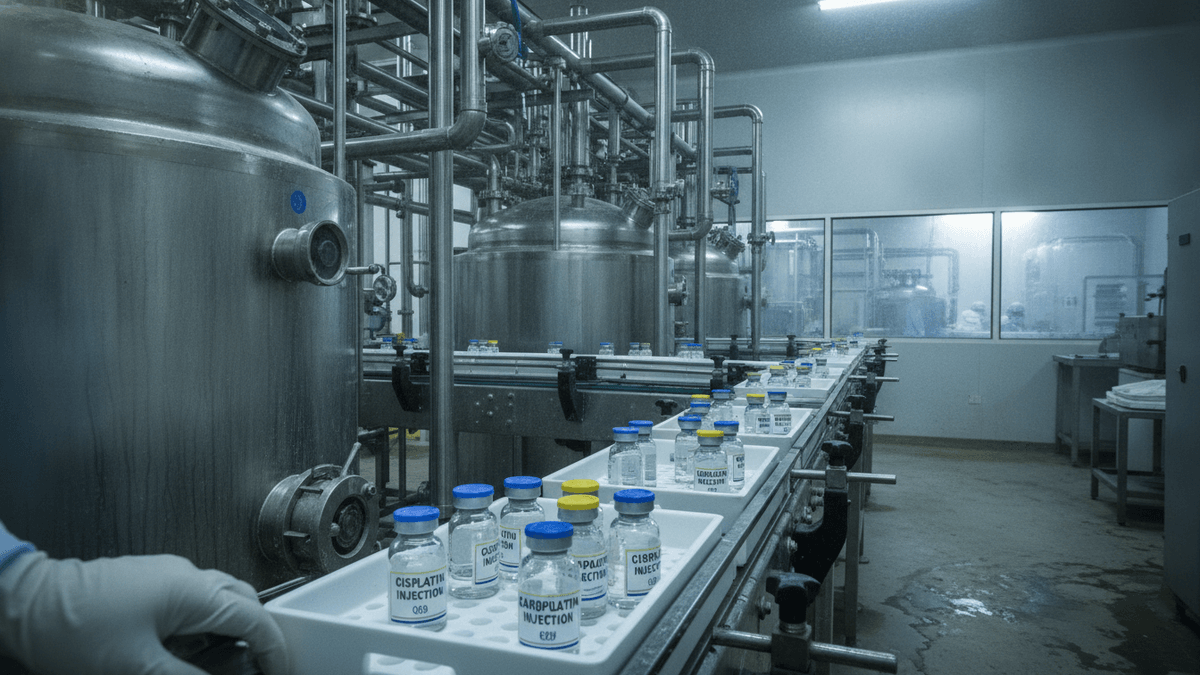A gloved hand pushes a tray of Cisplatin and Carboplatin vials on a conveyor belt in a dimly lit factory.