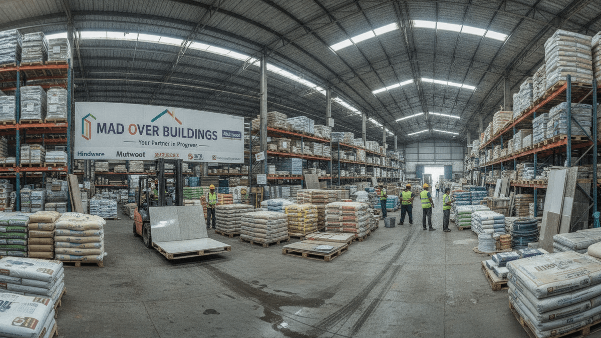 Wide shot inside a busy industrial warehouse filled with stacked building materials, pallets, a forklift, and multiple workers in high-visibility vests.