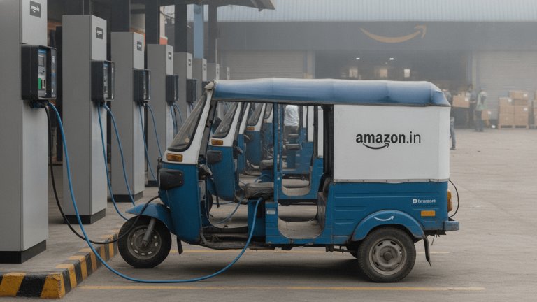 An Amazon-branded electric tuk-tuk charges at a dedicated station in India, with multiple charging points visible.