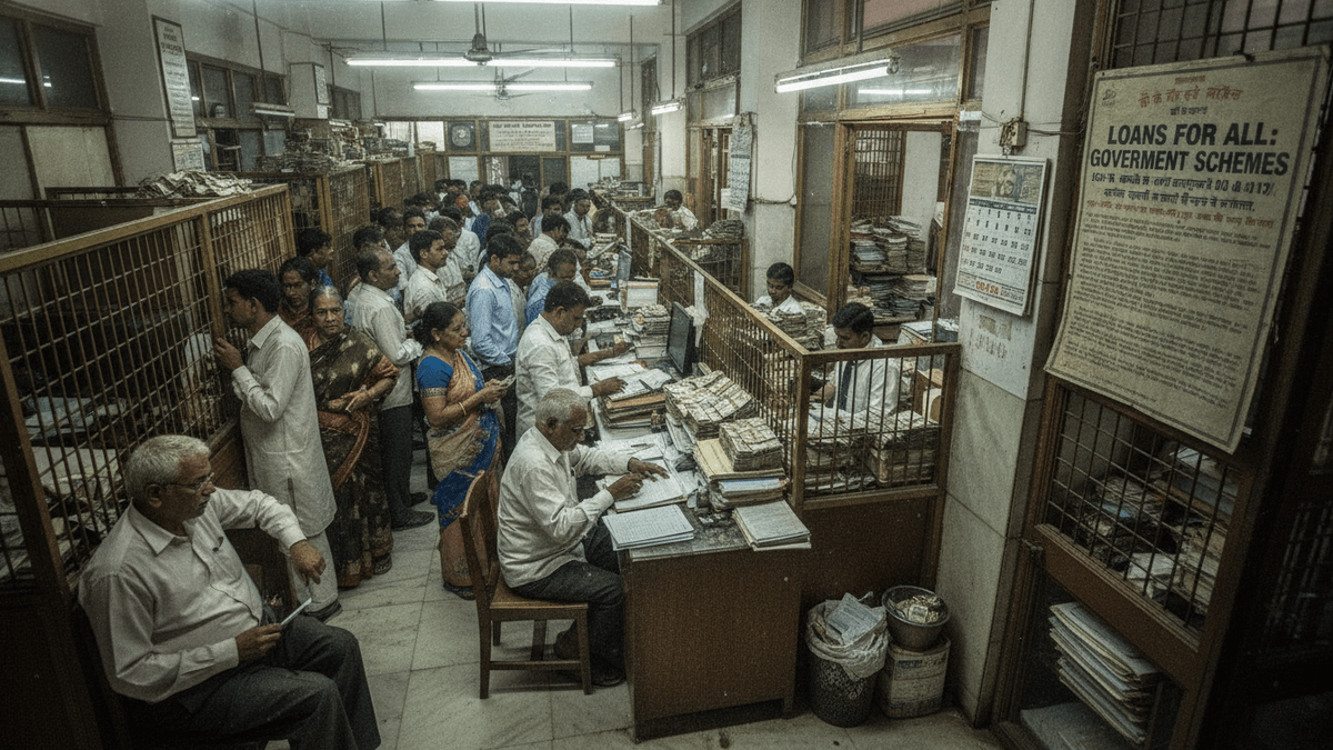 An overhead wide shot captures an old, busy Indian bank hall filled with people transacting at wooden counters and desks.