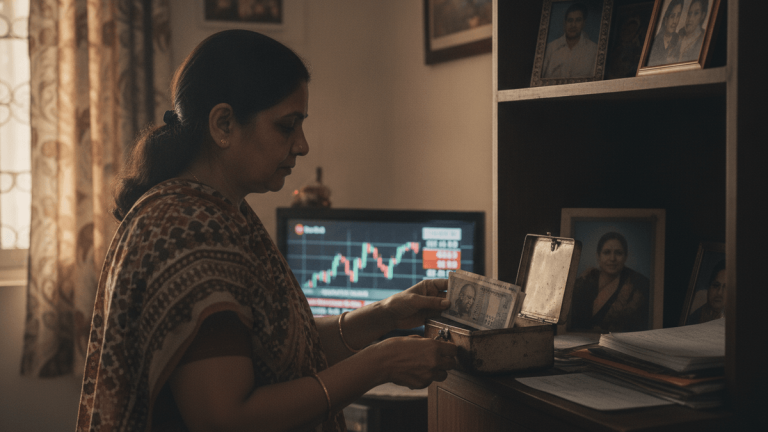 A woman in a patterned sari places Indian rupee notes into a small, worn metal strongbox. A computer monitor in the background displays a volatile stock market graph. Framed family photos sit on shelves.