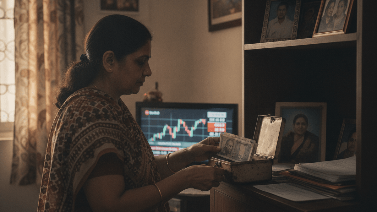 A woman in a patterned sari places Indian rupee notes into a small, worn metal strongbox. A computer monitor in the background displays a volatile stock market graph. Framed family photos sit on shelves.