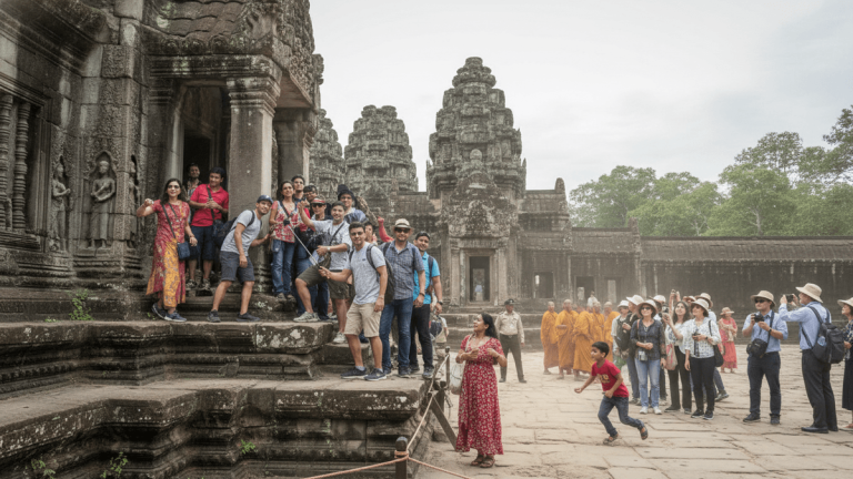 A large group of diverse tourists, some wearing bright colors, pose on ancient stone steps and pathways near a temple.