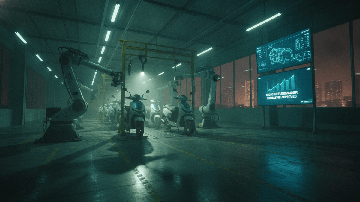 An ultra-realistic photograph of an automated factory floor at night, featuring a line of white electric scooters being assembled by robotic arms under fluorescent lights, with a large digital display showing financial data and news.