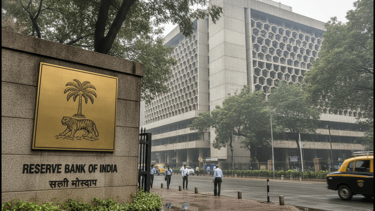 View of the Reserve Bank of India building in Mumbai from across a street, with its emblem visible on a stone wall.