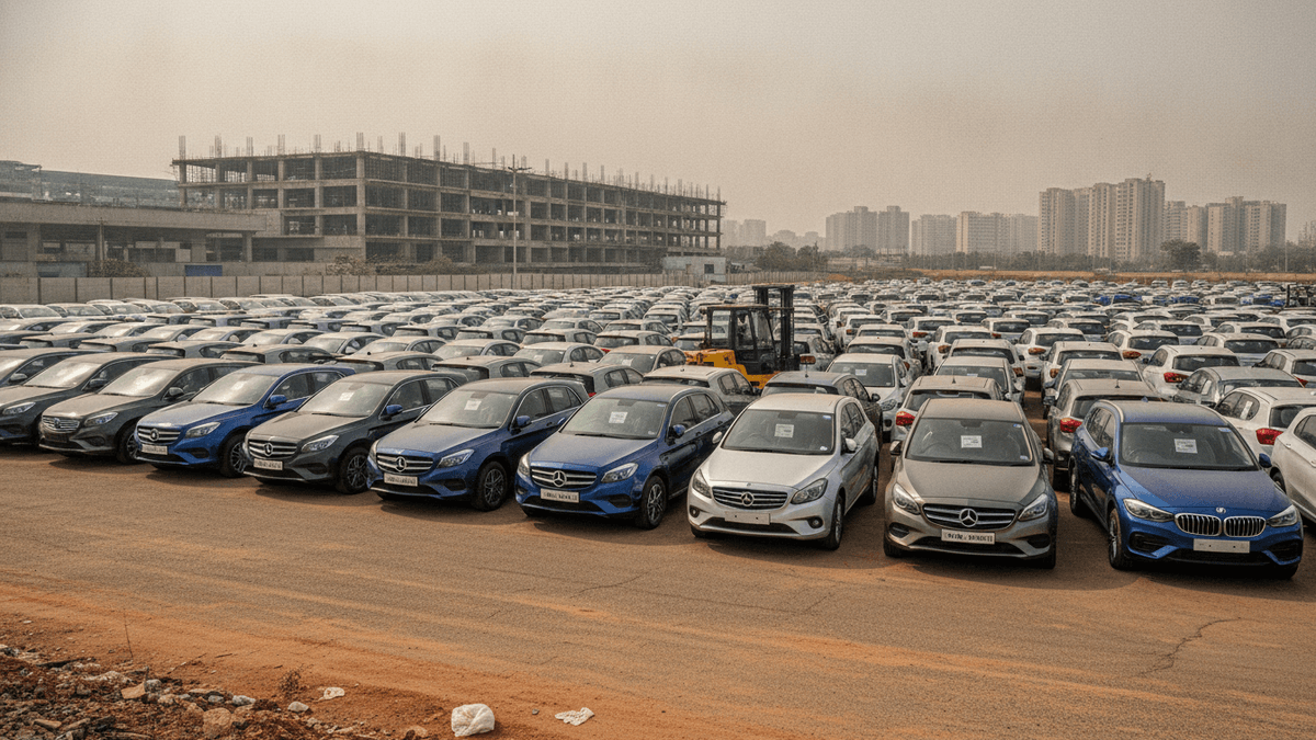 A vast outdoor parking lot in New Delhi, India, filled with hundreds of new electric vehicles under a hazy sky.