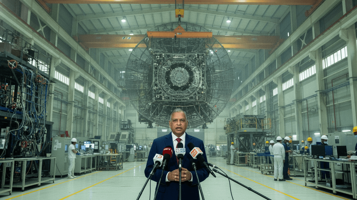 India's Defence Minister Rajnath Singh speaks at a podium with microphones inside a large manufacturing facility. An air defense system is suspended behind him.