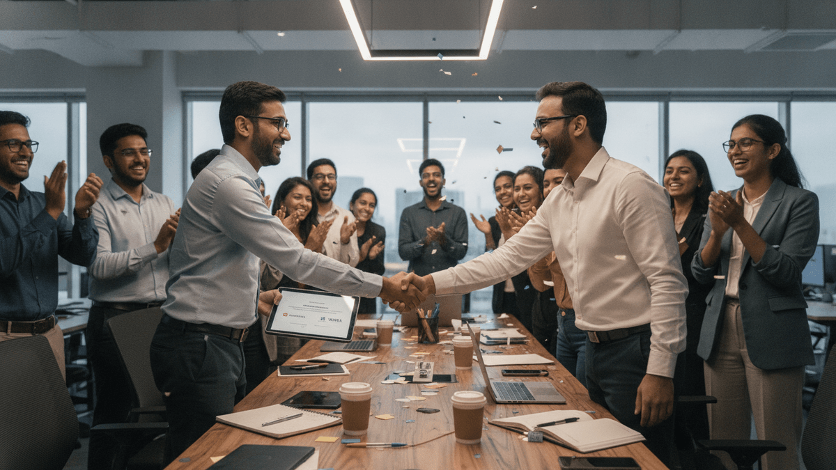 Two Indian men in business casual attire shake hands across a conference table, with confetti falling and a diverse team clapping in the background.
