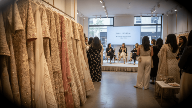 A fashion showroom with ornate Indian garments hanging on a rack in the foreground, and a panel discussion in the background.