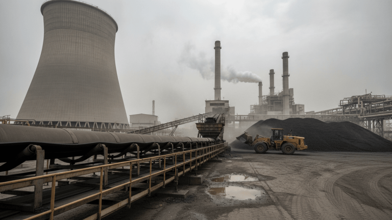 A wide shot of a thermal power plant under an overcast sky, showing a large cooling tower, multiple smokestacks emitting plumes, coal conveyor belts, and a yellow front-end loader moving coal in a pile.