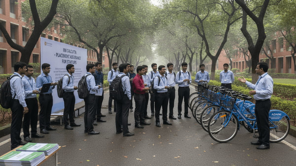 A group of male students in blue shirts and dark pants listen to a faculty member outdoors. Blue bicycles are visible.