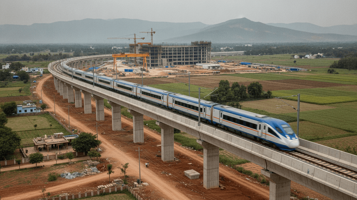 An aerial shot of a modern blue and white high-speed train moving on an elevated concrete railway bridge through a rural landscape.