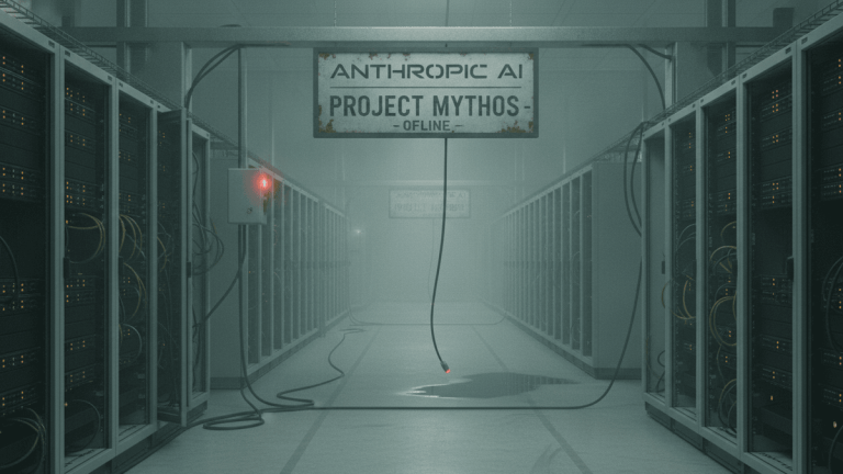 A dimly lit, foggy server room with rows of dark server racks receding into the distance, a prominent "OFFLINE" sign hanging centrally, and a disconnected cable.