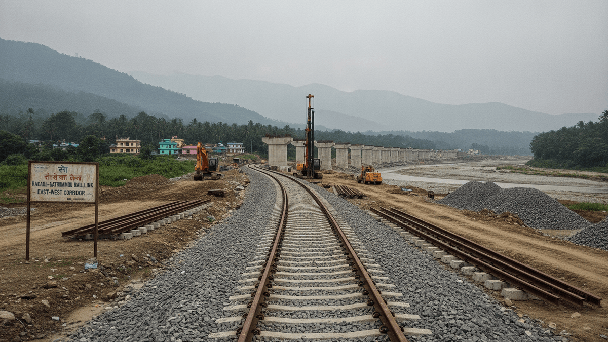 A broad gauge railway line under construction, leading towards a concrete viaduct over a riverbed, with mountains in the background.