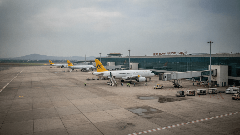 A wide shot of an airport apron with three commercial airplanes parked at the terminal building under a cloudy sky.