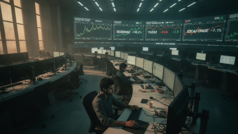 A high-angle view of a dimly lit trading floor, with multiple traders at their desks and large screens displaying stock data.