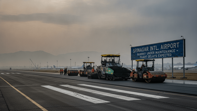 A wide shot of a misty airport runway with construction vehicles and workers, and an illuminated blue sign on the right.
