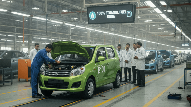 A green Maruti Suzuki WagonR E100 car with its hood open being inspected by an engineer in a blue uniform, while five other engineers in white lab coats observe. The scene is inside a brightly lit factory assembly line. A digital sign above the car displays "100% ETHANOL FUEL - INDIA."