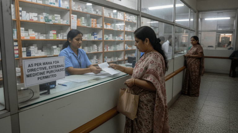 A woman in a floral sari receives a paper prescription from a uniformed pharmacist behind a glass counter, with a sign visible.