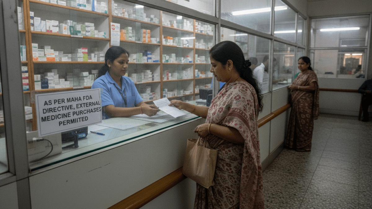 A woman in a floral sari receives a paper prescription from a uniformed pharmacist behind a glass counter, with a sign visible.